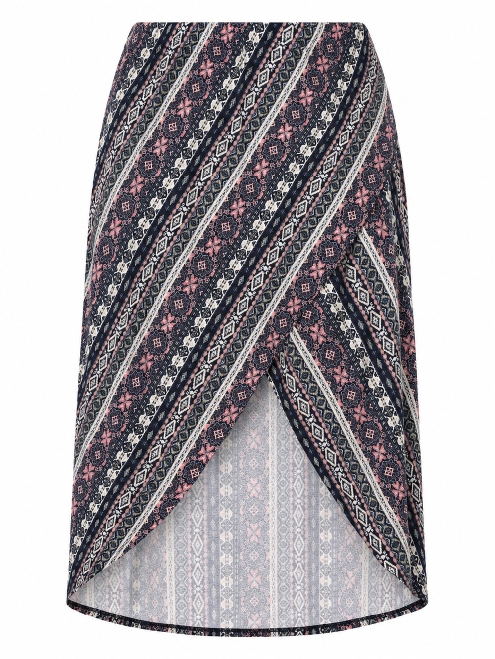 Maurices Navy and Pink Diagonal High-Low Faux Wrap Skirt
